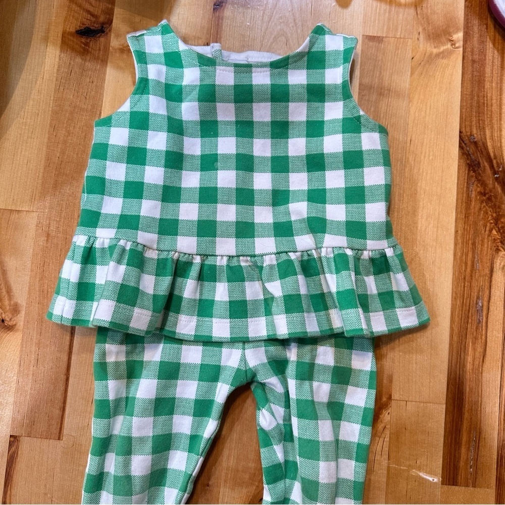 Janie and Jack Girls Outfit Green and White Checkered Peplum Top and Pants Set